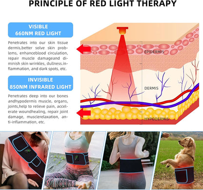 Red Light Therapy Belt - Wireless Rechargeable Controller with Timer 660Nm&850Nm Infrared Light for Body Waist Back Knee Joints Shoulder Pain Relief, Reduce Inflammation, Faster Recovery